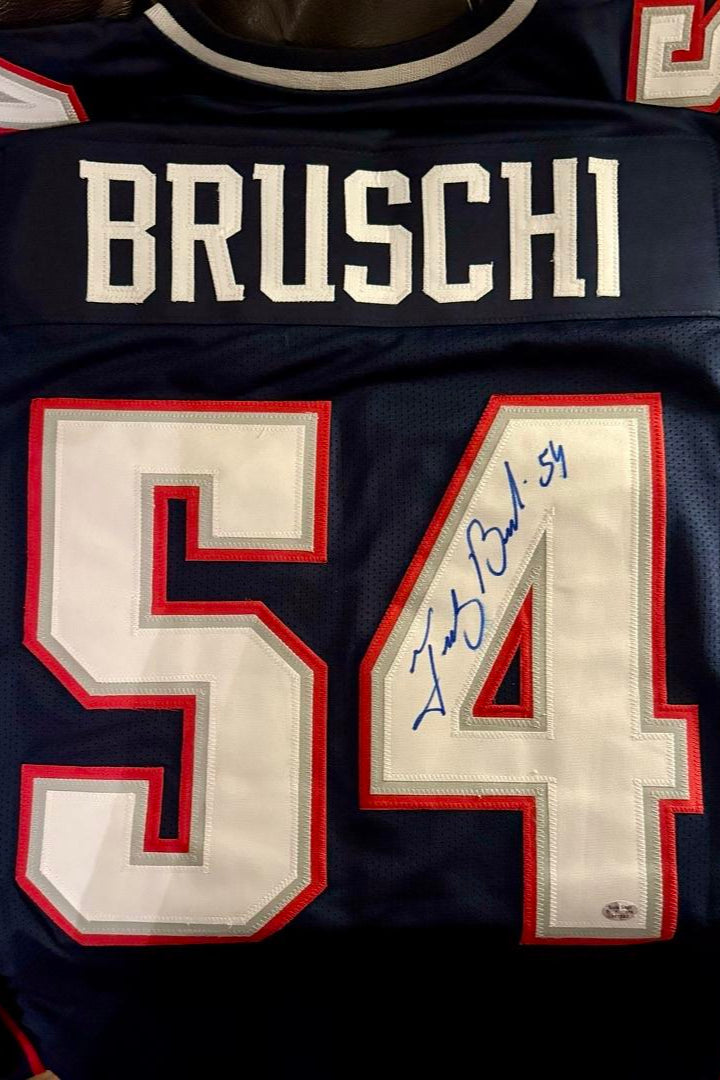 Tedy Bruschi Signed Patriots Blue Jersey - Sure Shot COA